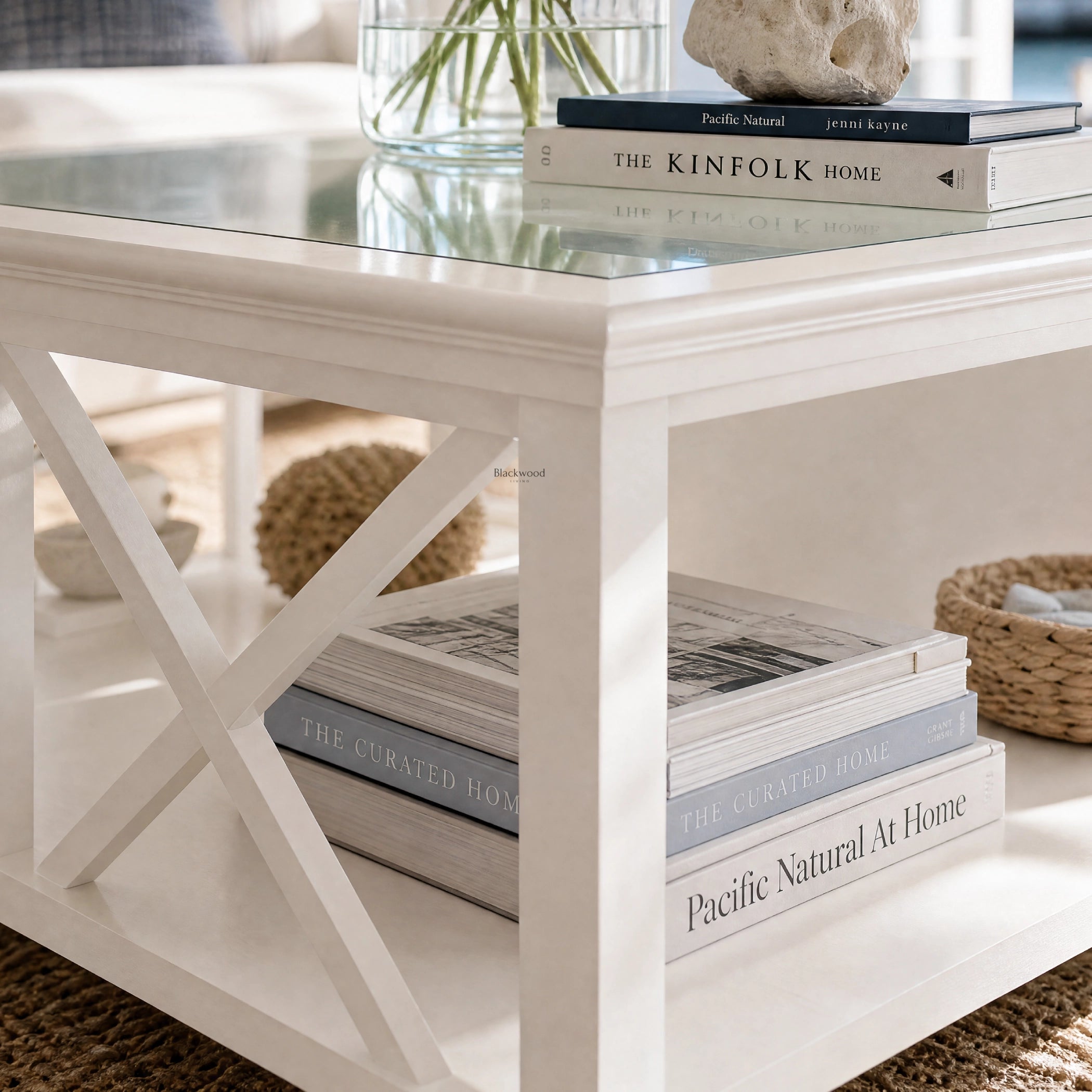 Harbour Coffee Table with a glass top and solid timber frame in a coastal-inspired living room.