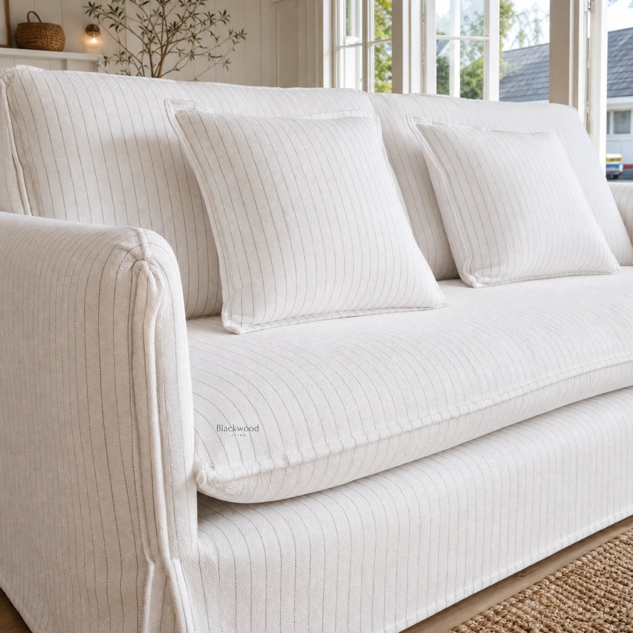 Nantucket Slipcover Sofa in soft linen-cotton with grey pinstripes, timeless coastal comfort.