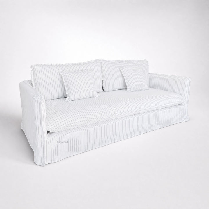 Nantucket Slipcover 3-Seat Sofa in soft linen-cotton with grey pinstripes and matching cushions.