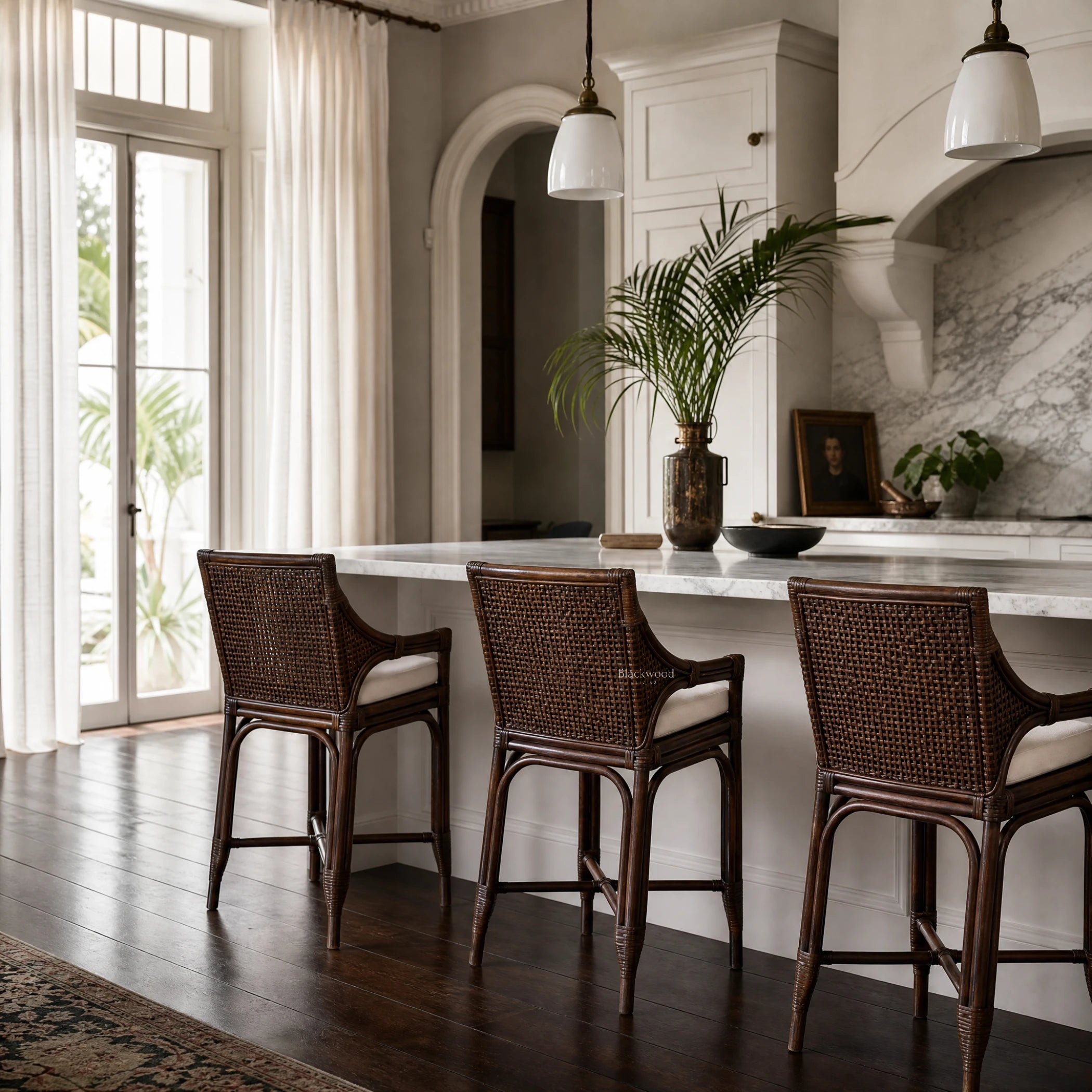 Havana Barstool: natural rattan with a warm finish and a cushioned seat at a marble kitchen island.