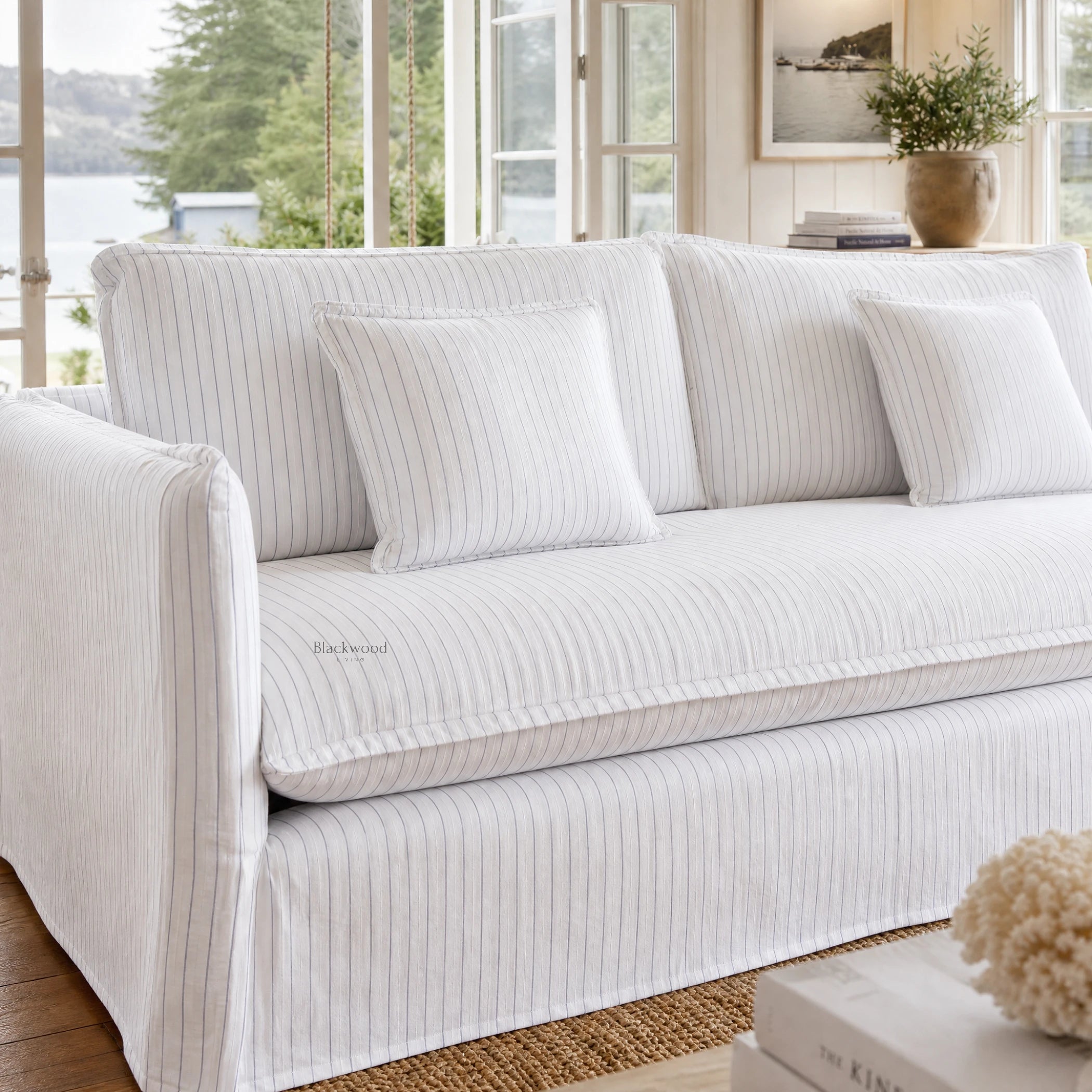 Nantucket Slipcover 3 Seat Sofa in soft linen-cotton blend with grey pinstripes, coastal living room scene.