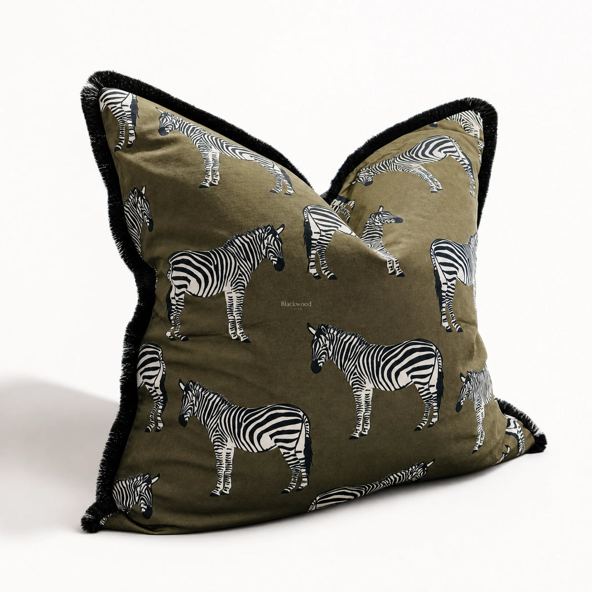 Zebra motif olive velvet cushion cover, 55cm, with black fringe edge.