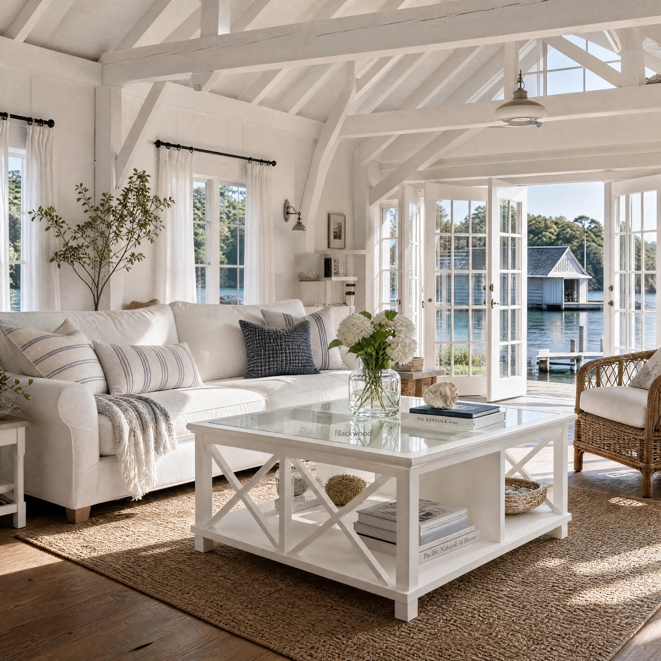 Harbour Coffee Table in solid timber with glass top, white coastal living room by the water.