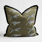 Leopard Velvet Cushion Cover 55cm: olive-green velvet with white leopard silhouettes and black fringe trim