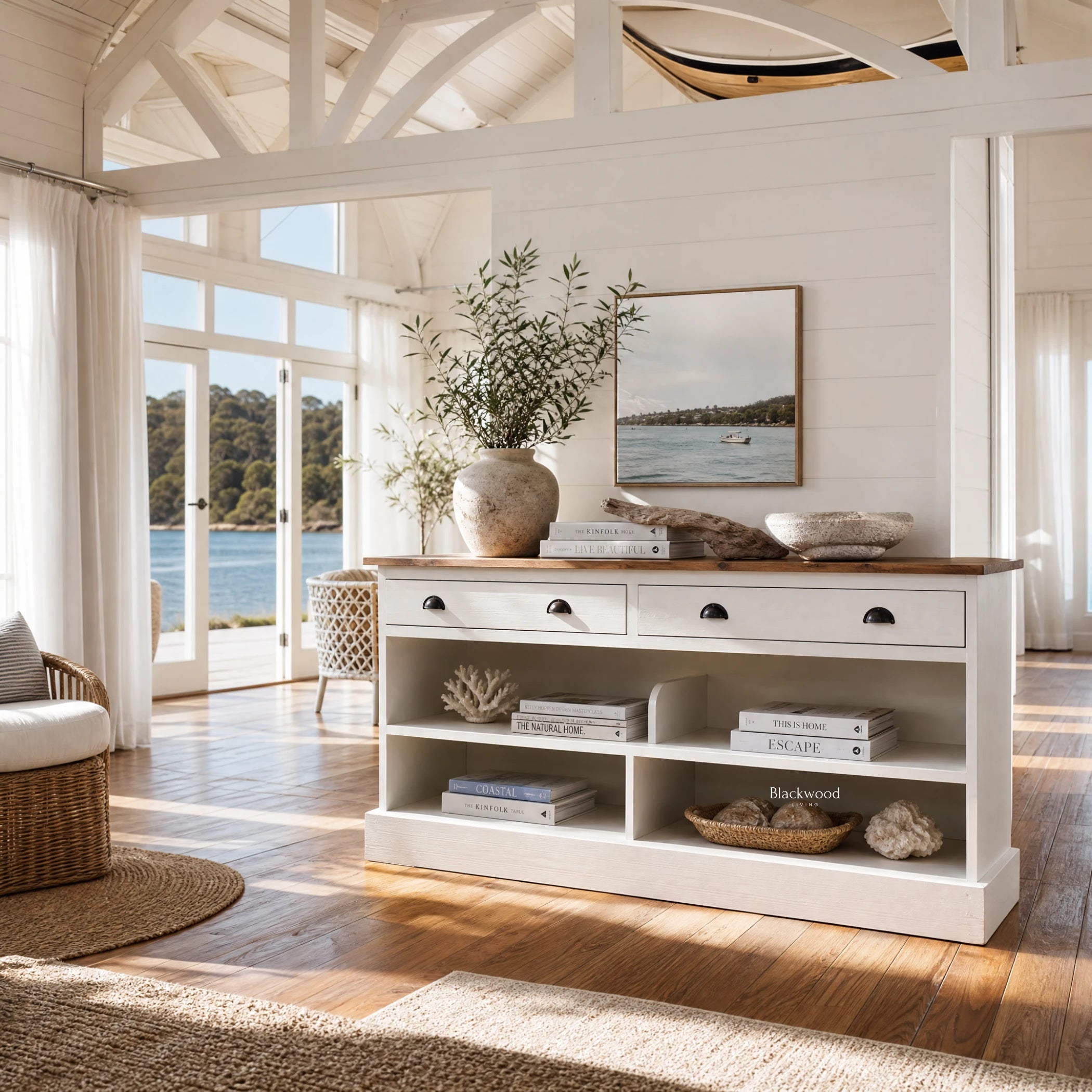 Harbour House Sideboard in white, reclaimed fir with natural timber top, coastal living room decor.