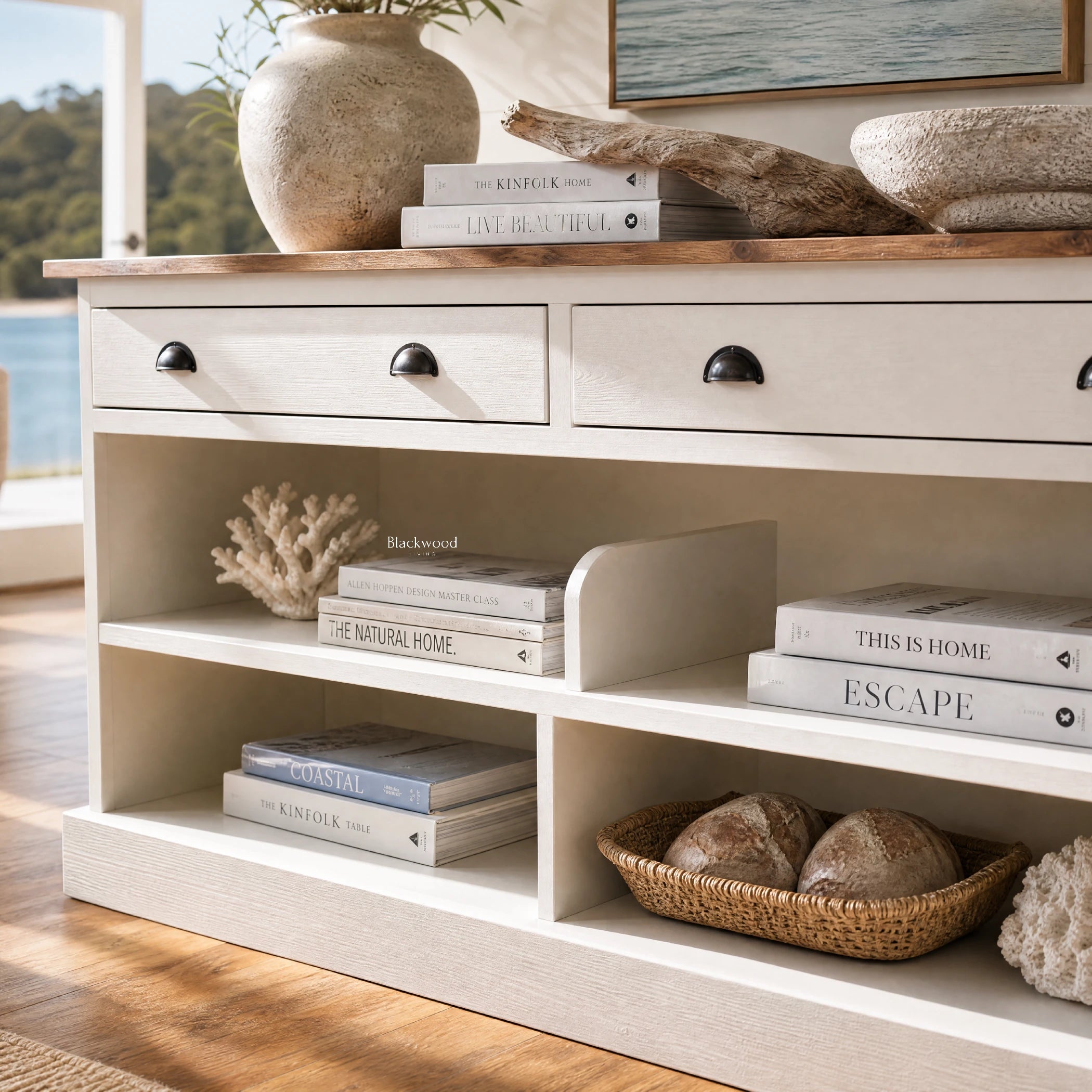Harbour House Sideboard in reclaimed fir with a painted finish and natural timber top, coastal elegance.