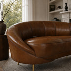Pure Jane Leather Sofa in rich buffalo leather, hand coloured in Italy, crafted in Romania, curved armrest close-up
