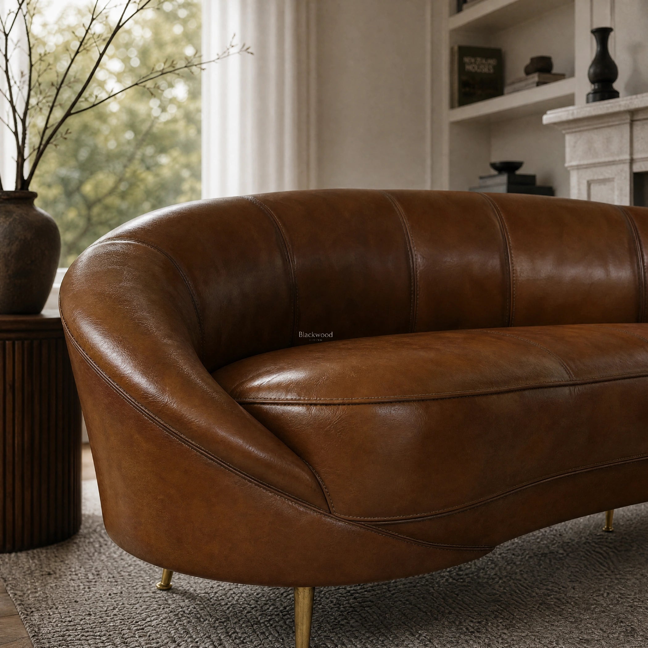 Pure Jane Leather Sofa in rich buffalo leather, hand coloured in Italy, crafted in Romania, curved armrest close-up