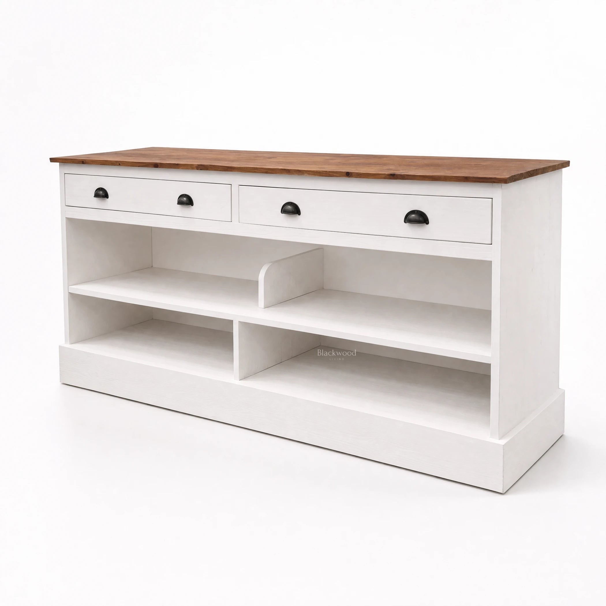 Harbour House Sideboard with warm timber top and white painted base, reclaimed fir, two-drawer console.