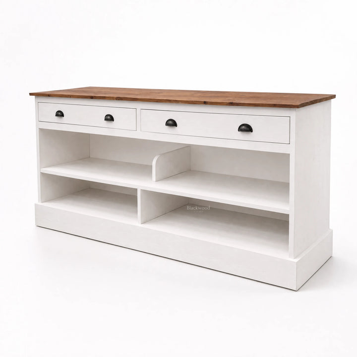 Harbour House Sideboard with warm timber top and white painted base, reclaimed fir, two-drawer console.