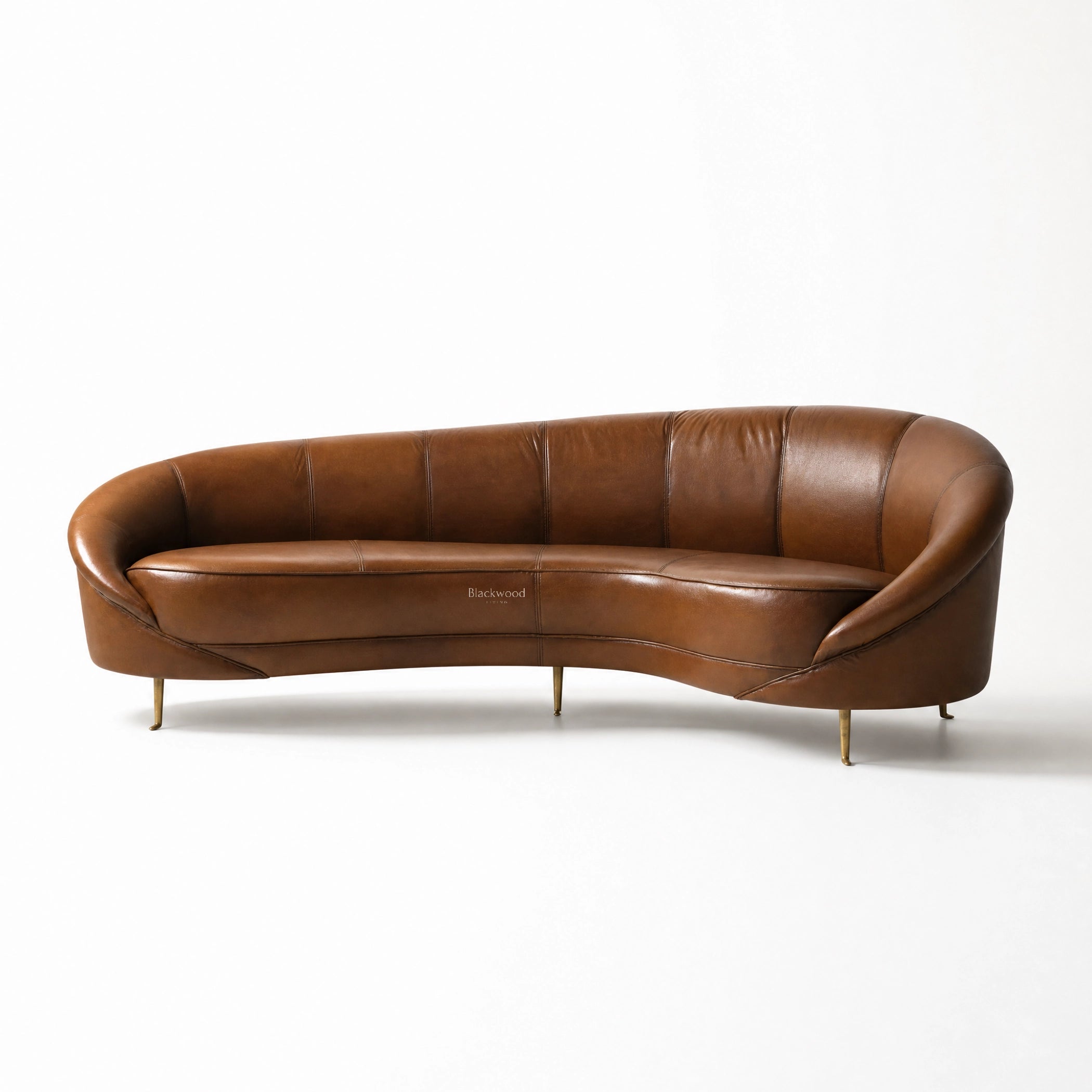 Pure Jane Leather Sofa, top-grain buffalo leather in warm brown, curved silhouette with brass legs.