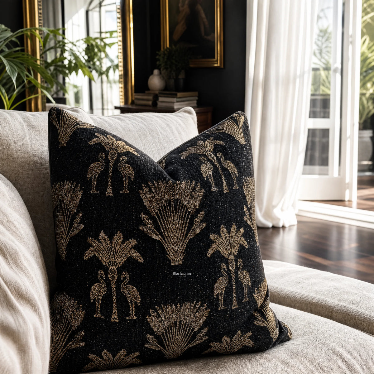 Palm Cushion Cover 55cm with black fabric and gold palm motifs on a light sofa, tropical vintage-inspired decor.