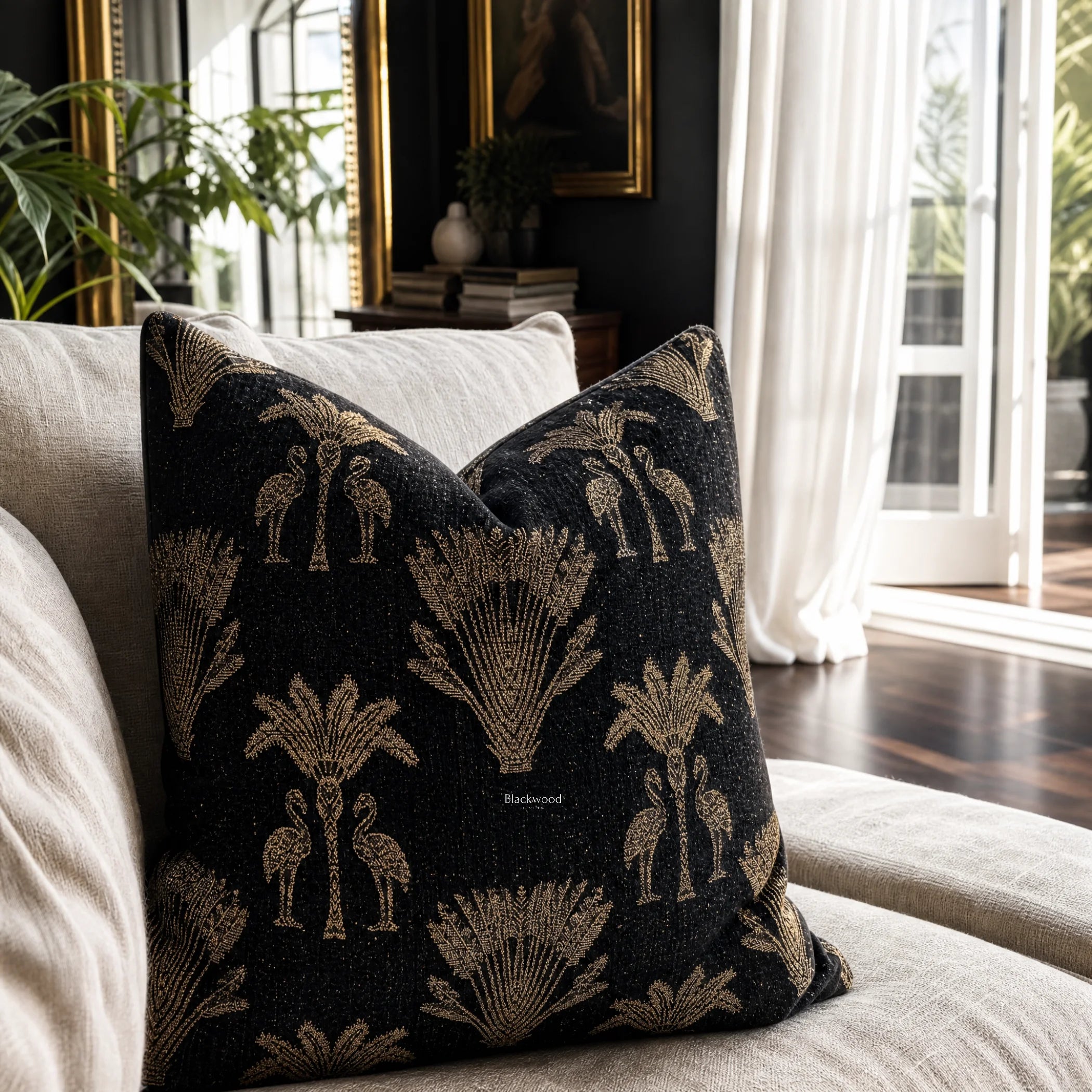 Palm Cushion Cover 55cm with black fabric and gold palm motifs on a light sofa, tropical vintage-inspired decor.