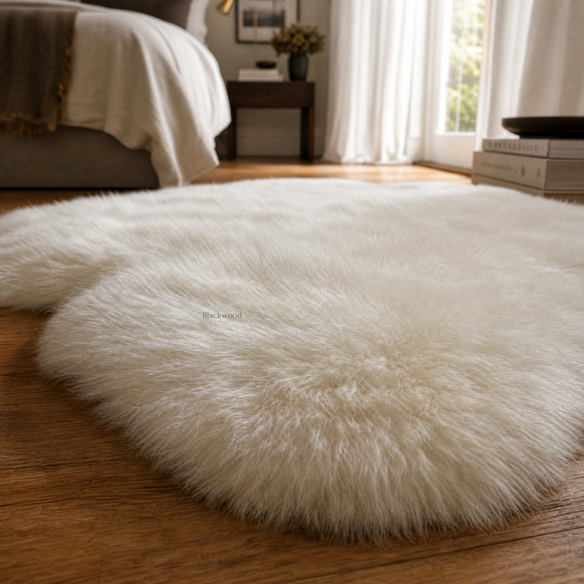 Ivory single sheepskin rug, genuine New Zealand wool, laid on hardwood floor in a cozy bedroom.