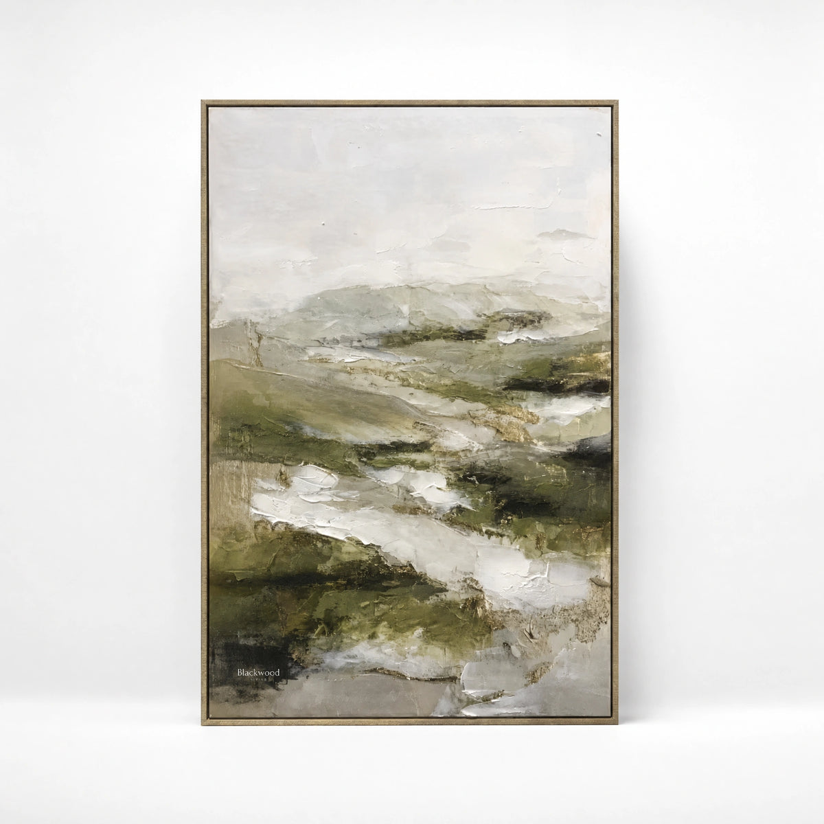 After the Rain: soft, layered landscape on a framed canvas; muted earth tones, 80% handpainted.