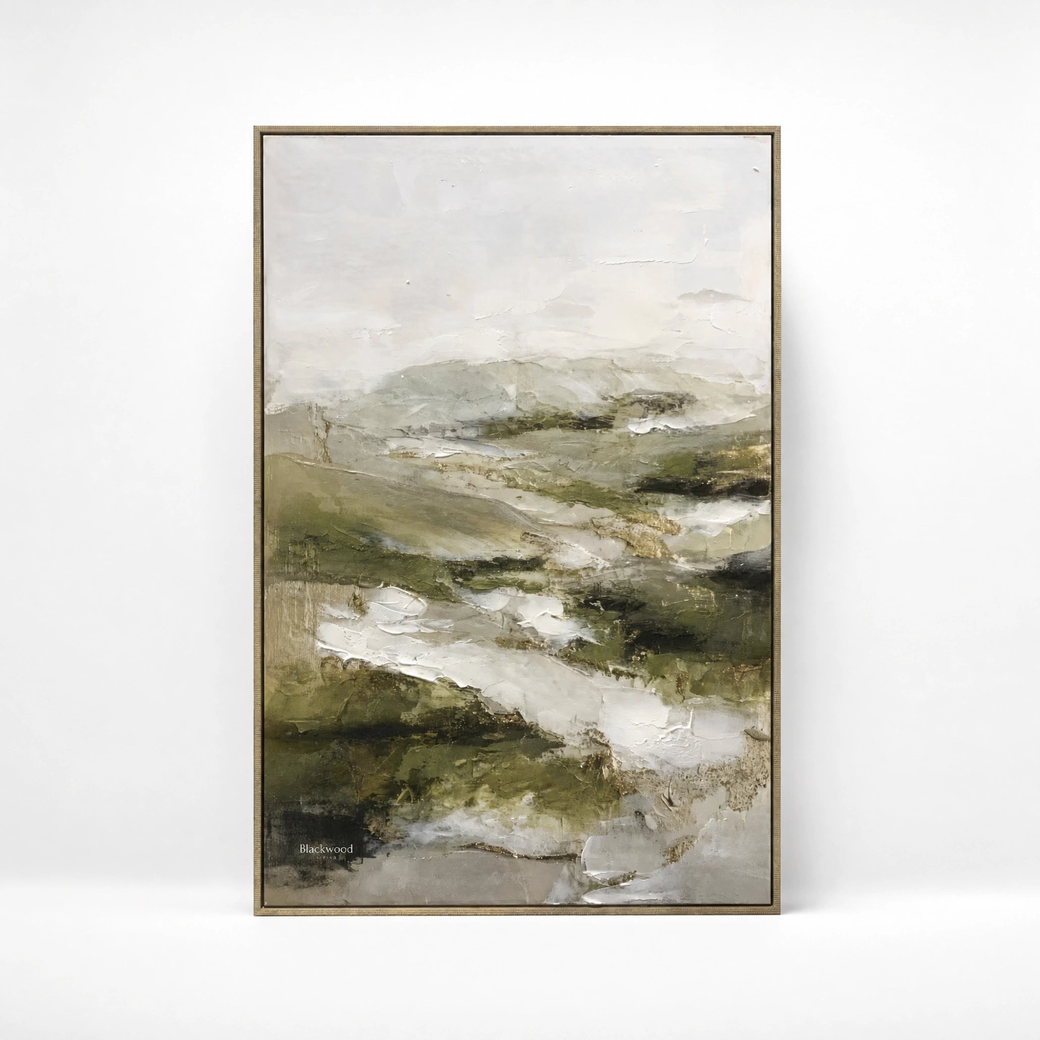 After the Rain: soft, layered landscape on a framed canvas; muted earth tones, 80% handpainted.