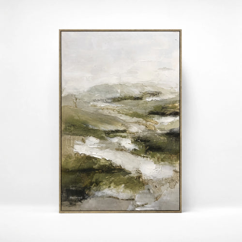 After the Rain: soft, layered landscape on a framed canvas; muted earth tones, 80% handpainted.