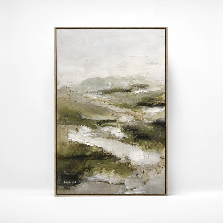 After the Rain: soft, layered landscape on a framed canvas; muted earth tones, 80% handpainted.