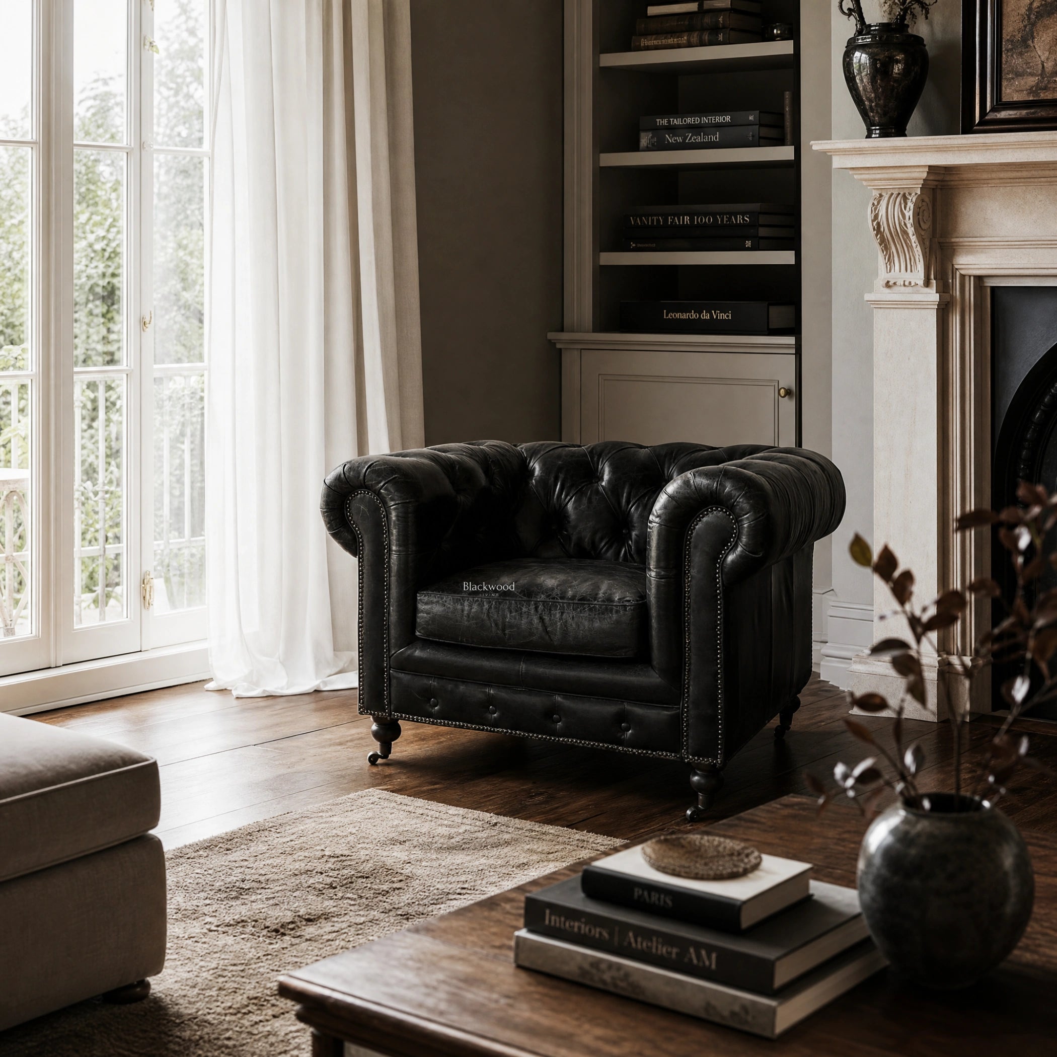 Ashcroft Armchair in estate black leather with Chesterfield tufting in a living room by bookshelf and fireplace.