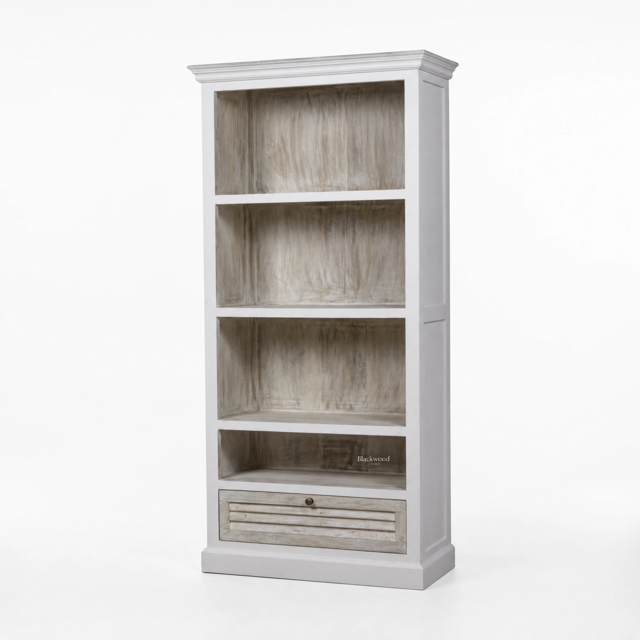 Whitehaven Bookcase in antique white mango wood with layered textures and open shelves.