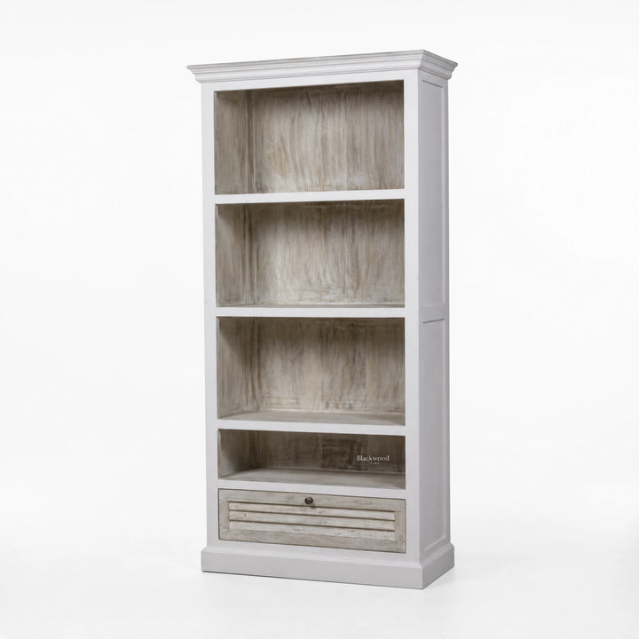 Whitehaven Bookcase in antique white mango wood with layered textures and open shelves.