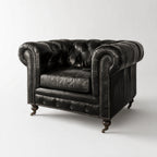 Ashcroft Armchair, Estate Black leather with Chesterfield button tufting and nailhead trim.