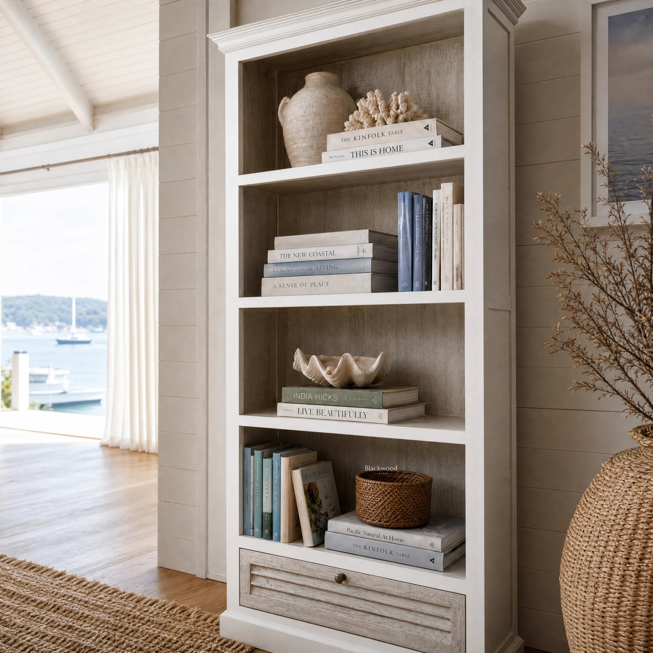 Whitehaven Bookcase in antique white mango wood with layered textures and coastal, traditional charm.