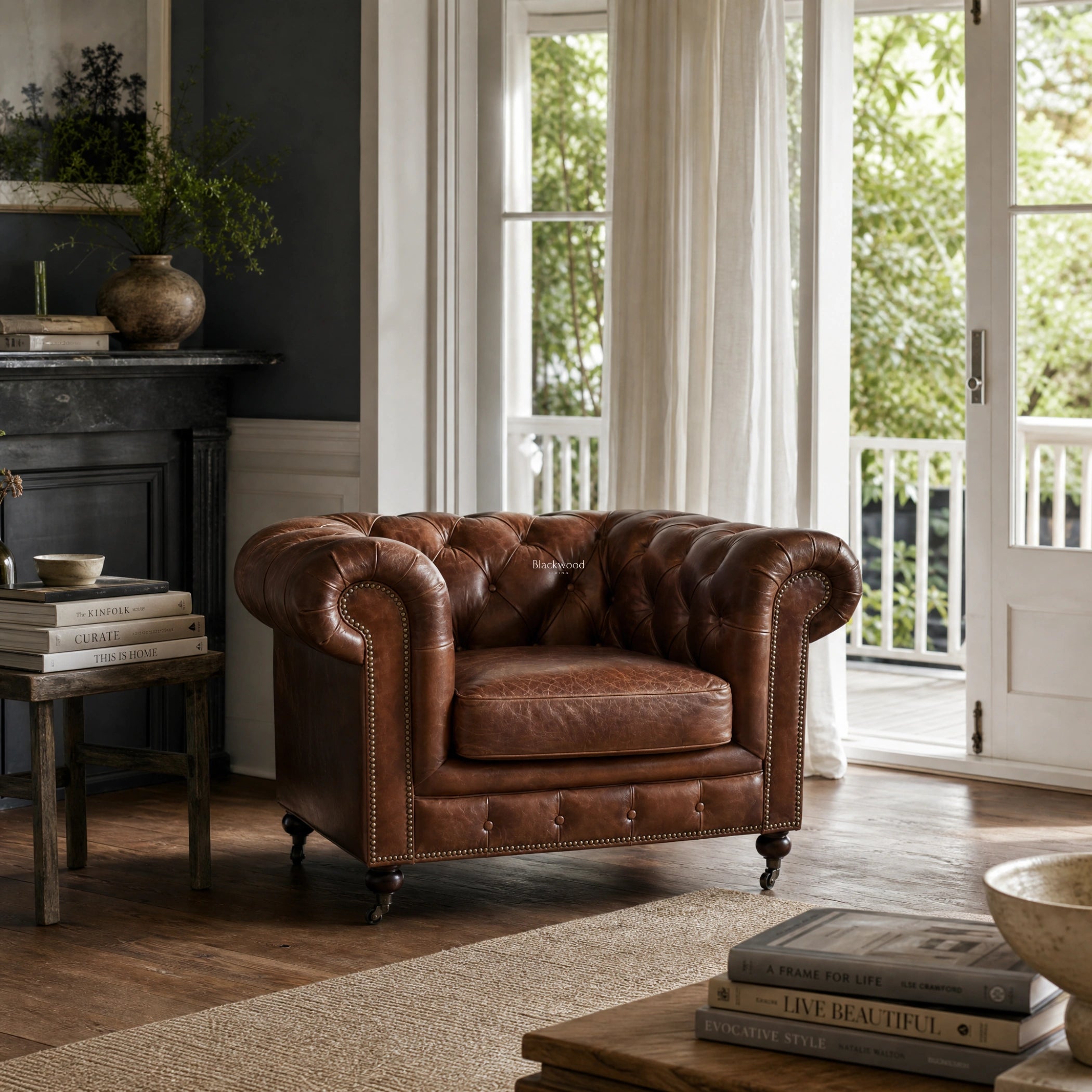 Ashcroft Armchair - Vintage Tobacco leather, deep button tufted Chesterfield in a cozy living room.
