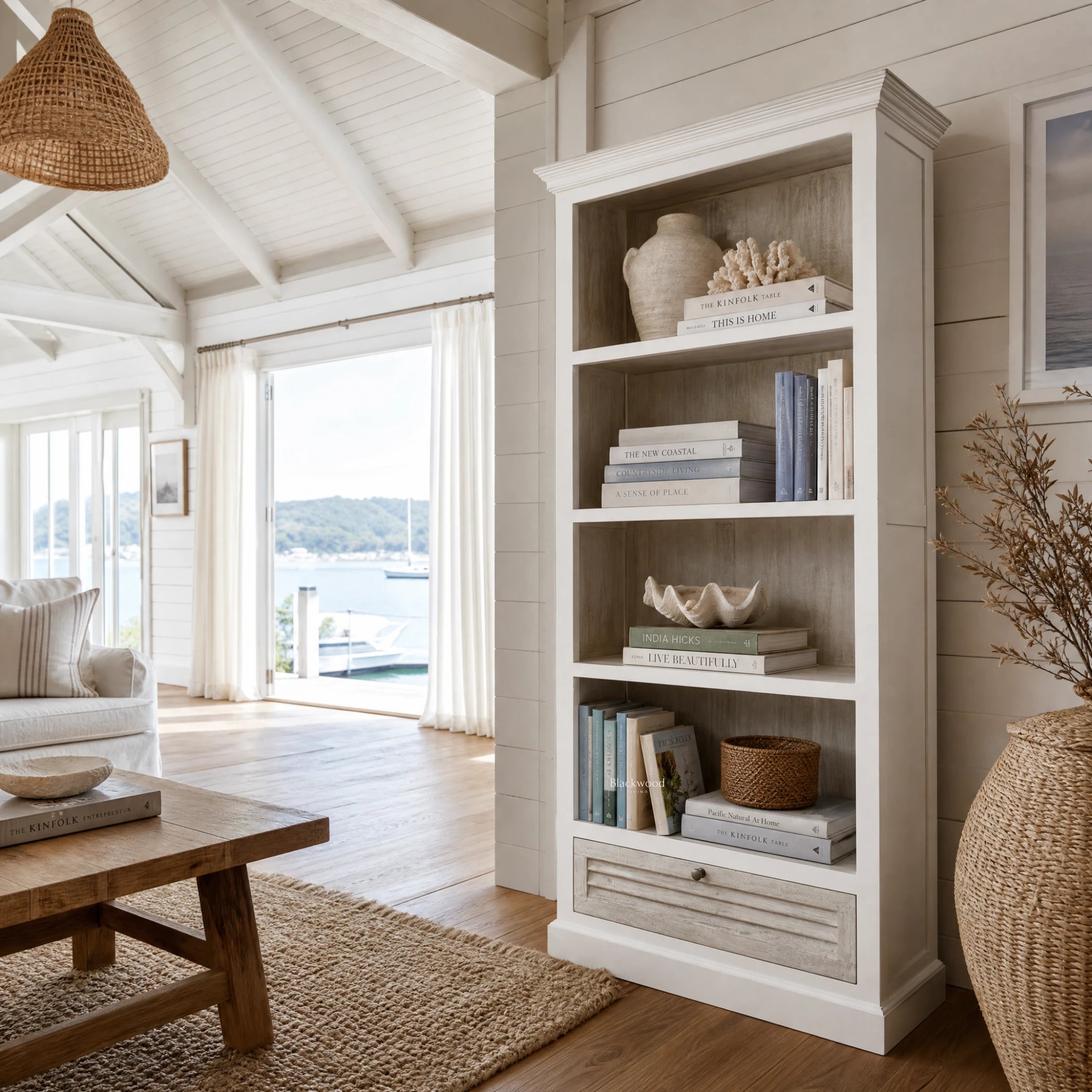 Whitehaven Bookcase in antique white mango wood with layered texture, filled with books in a coastal living room.