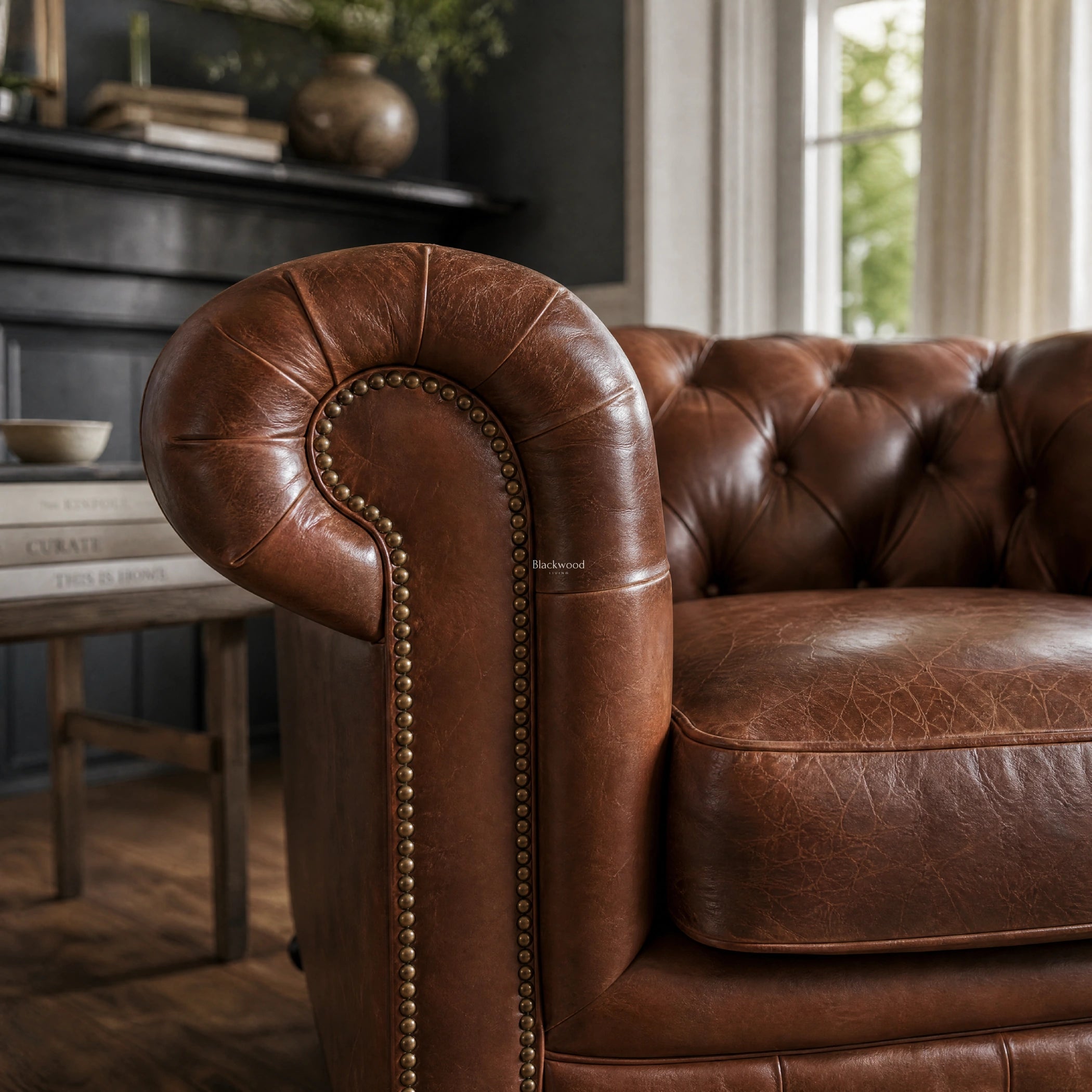 Ashcroft Armchair in Vintage Tobacco leather with deep button tufting in Chesterfield style and nailhead trim.