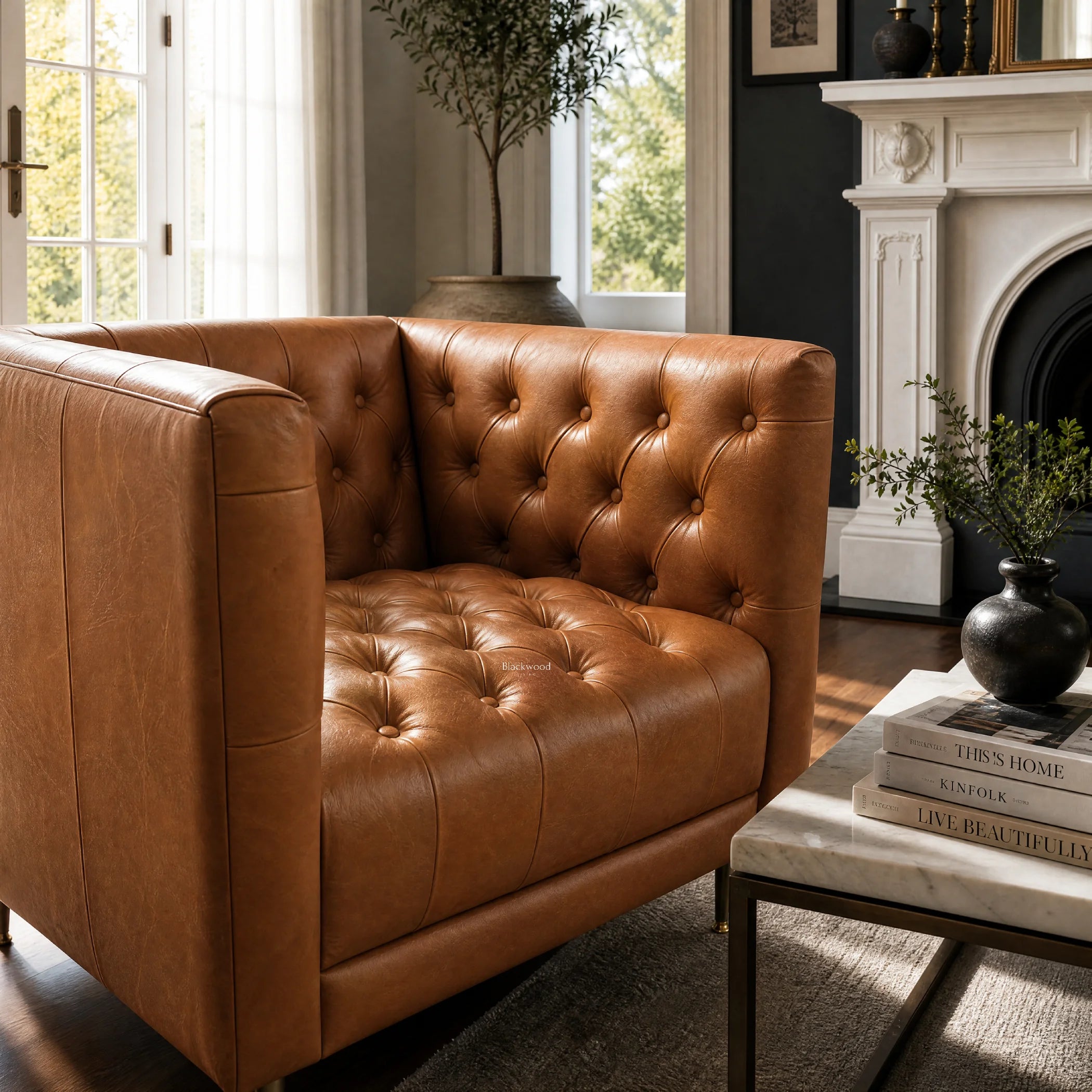 Wellington Leather Club Chair in warm brown leather with deep tufting, placed in a stylish living room.