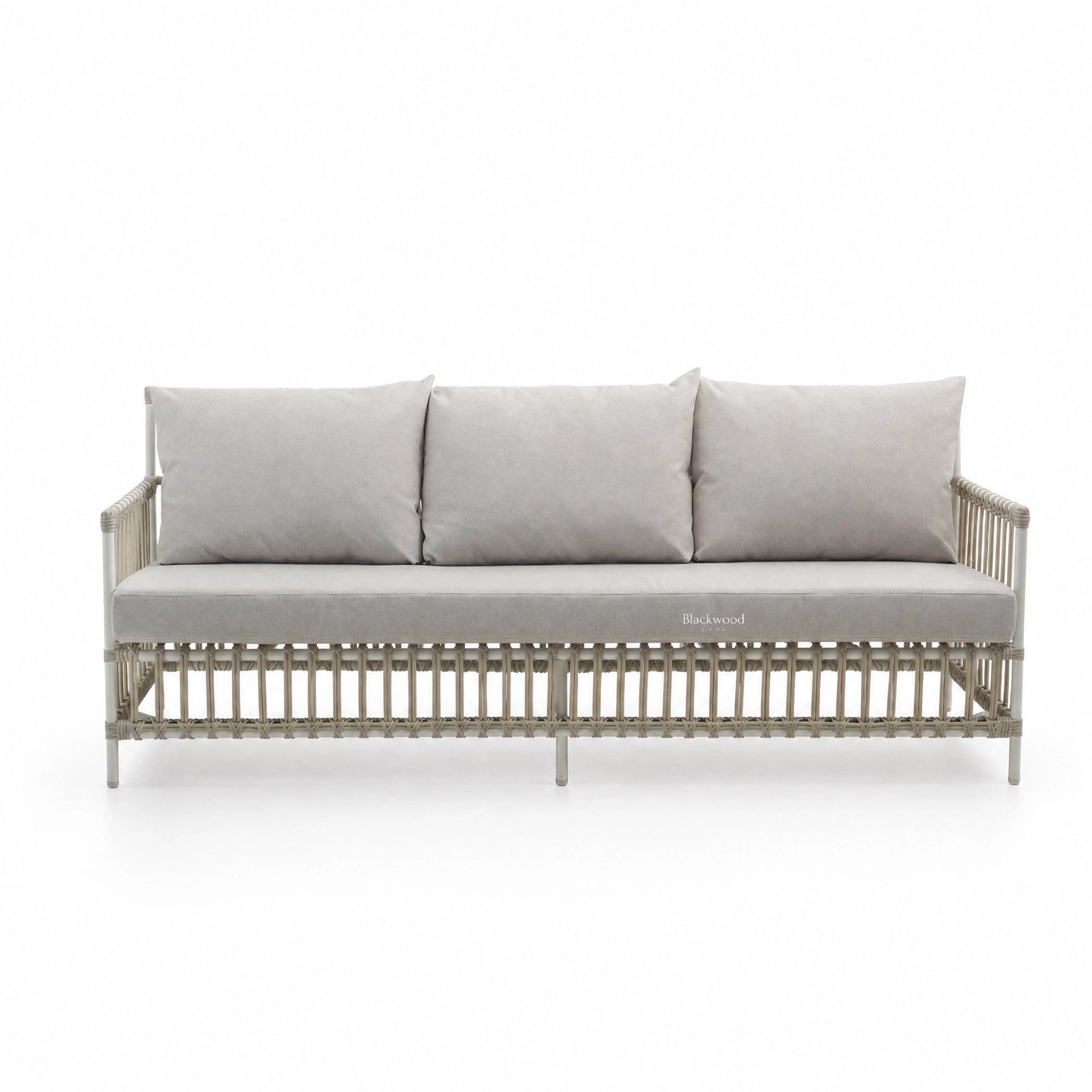 SIKA Exterior Caroline Sofa with handwoven Polystrand fibre weave on a powder-coated frame and light grey cushions.