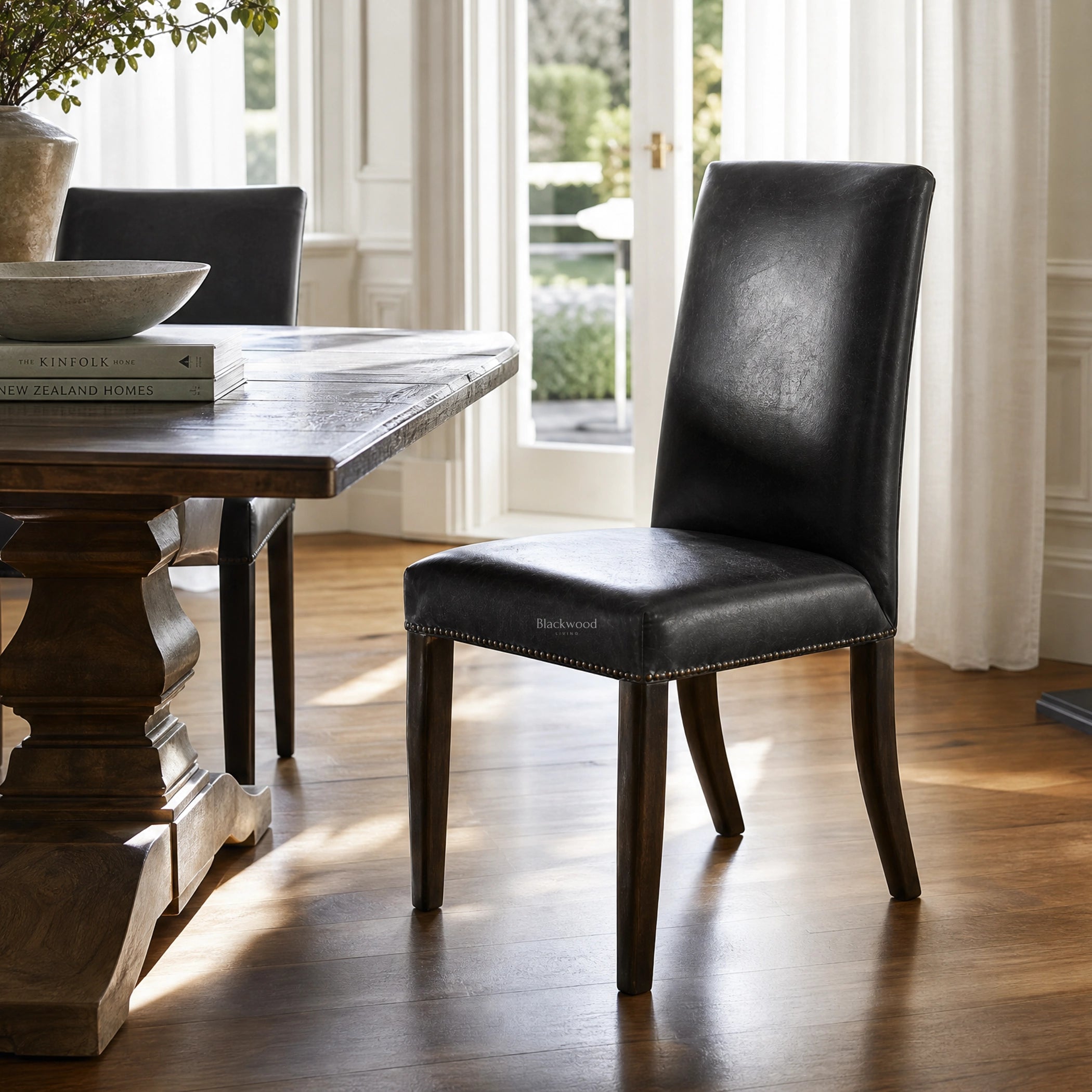 Manor Dining Chair in black leather with brass-stud trim, solid wood legs at a sunlit dining table.