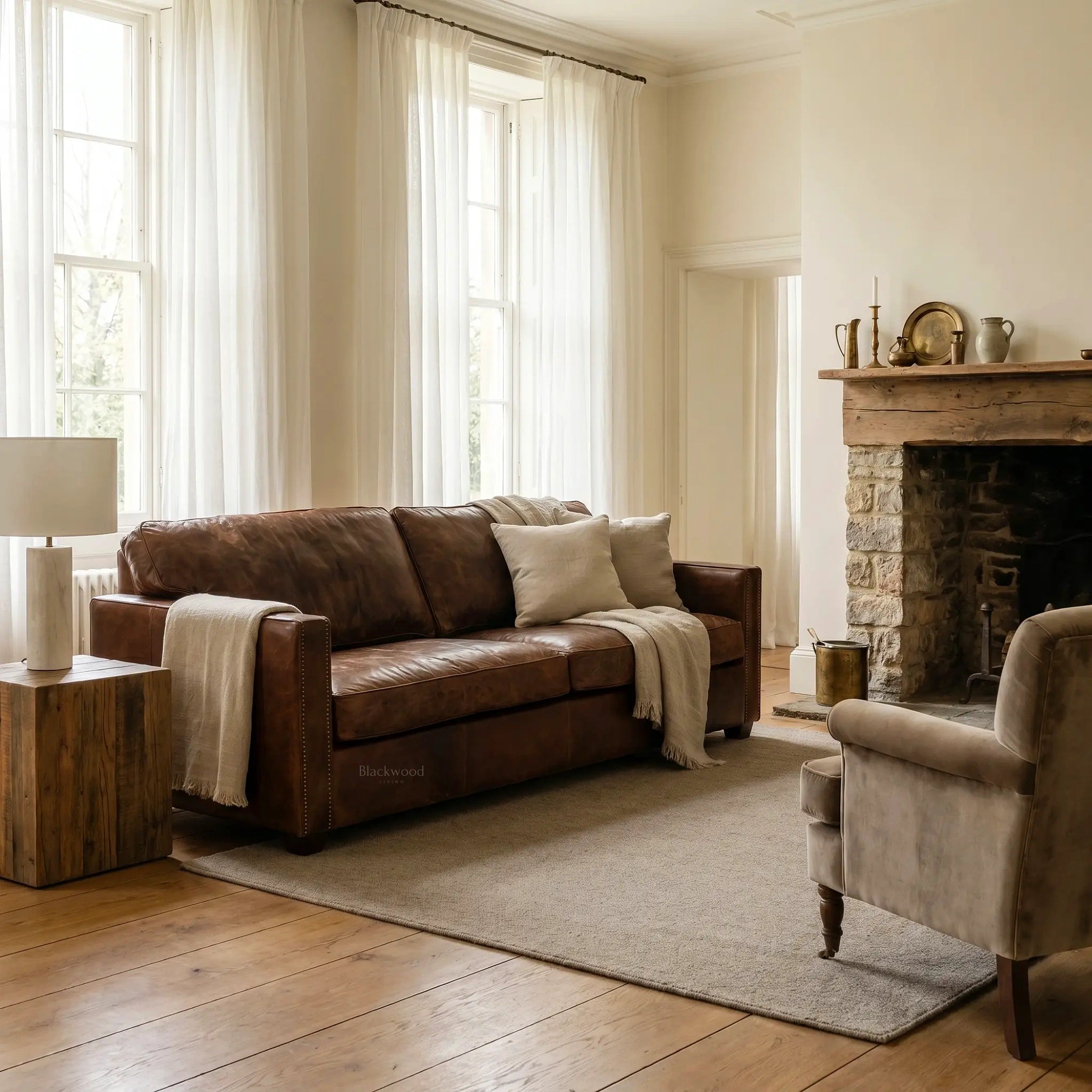 Grange Leather 3 Seat Sofa in hand-finished South American top-grain cow leather with warm, library-style charm.