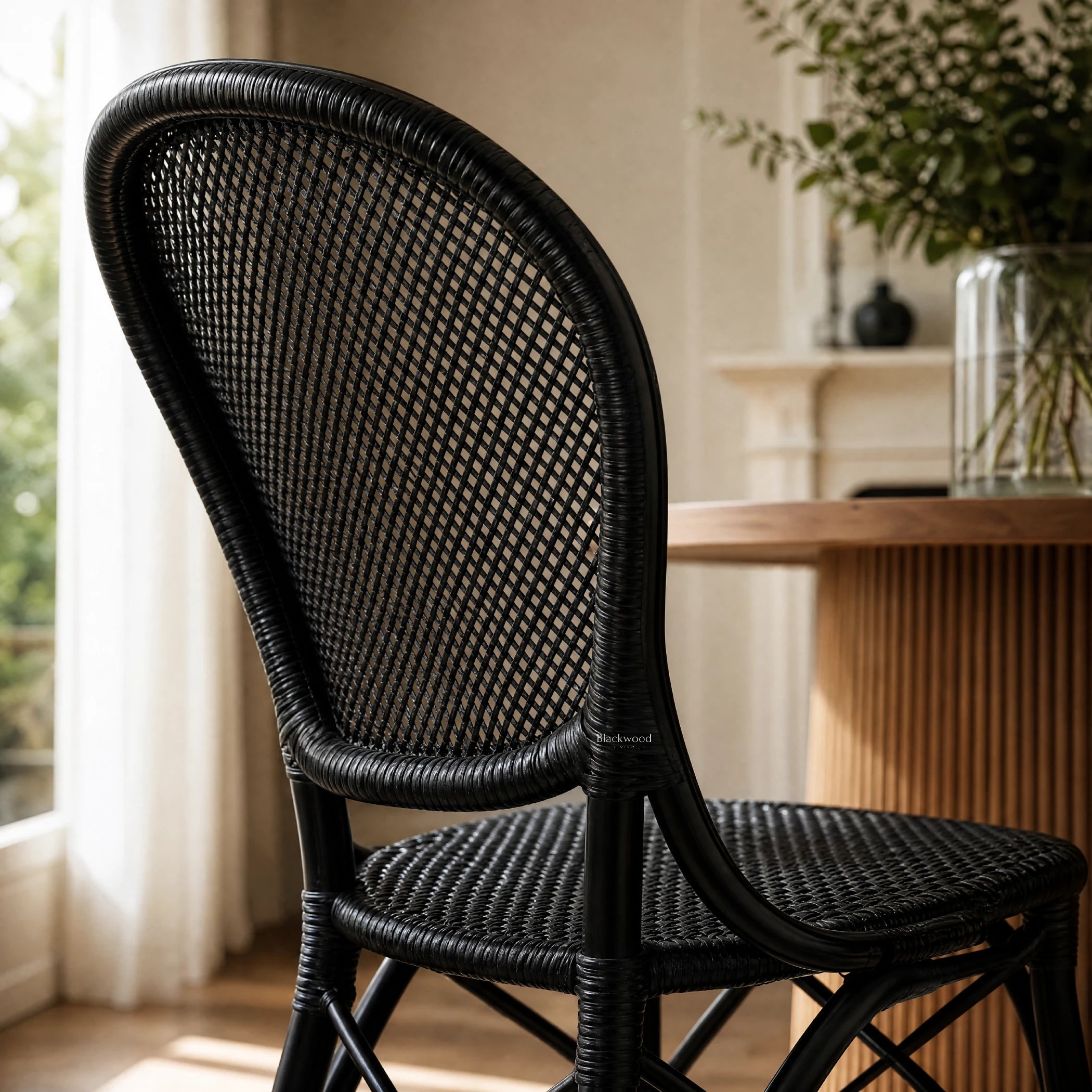 Sika Rossini Rattan Side Chair in Black with woven rattan back and seat