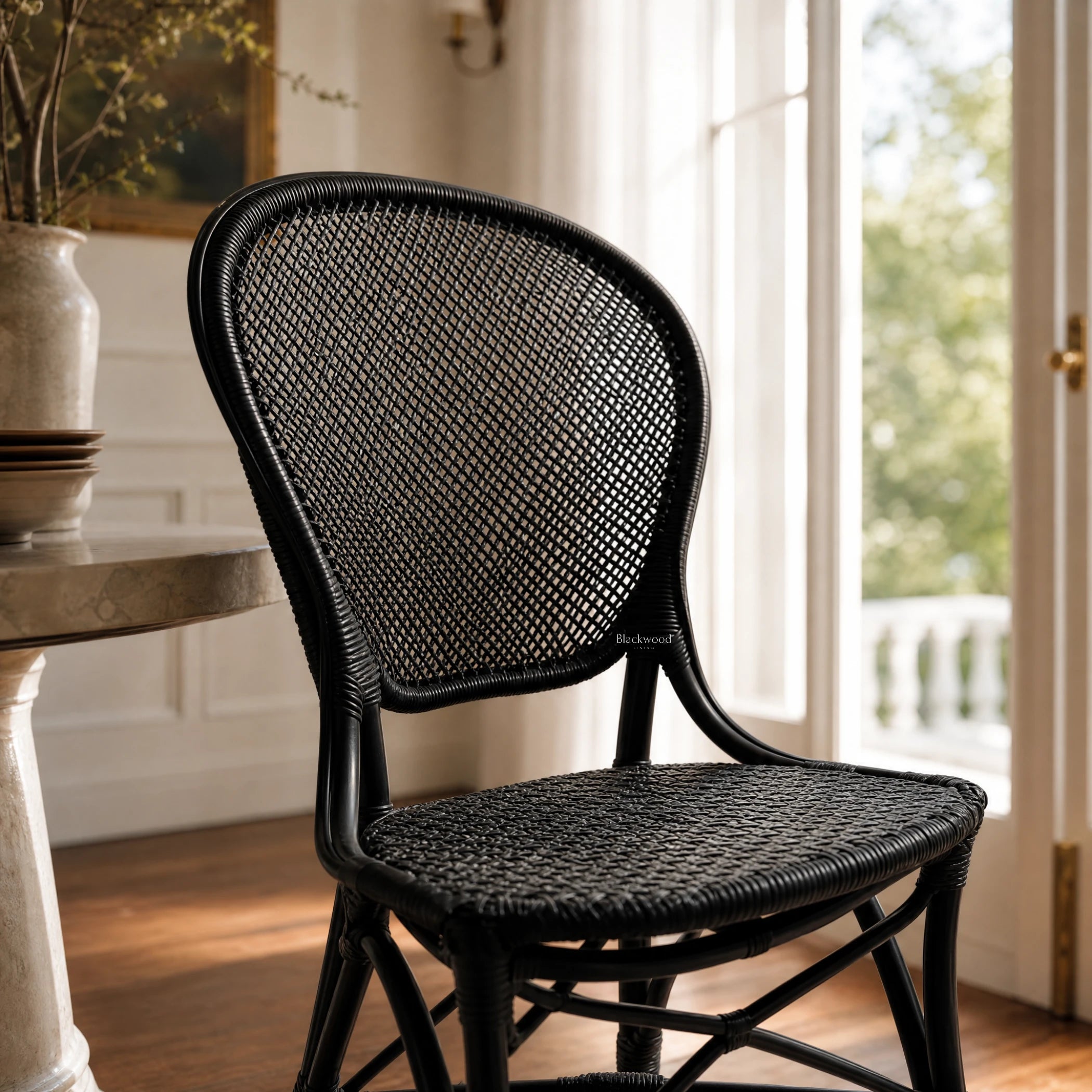 Sika Rossini Rattan Side Chair in black with woven seat and back, shown indoors.