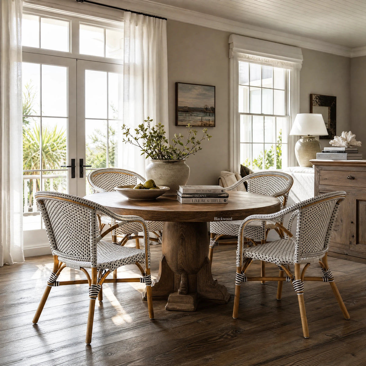Sika® Affair Madeleine Rattan Armchair in a sunlit coastal dining room with natural woven rattan seating.