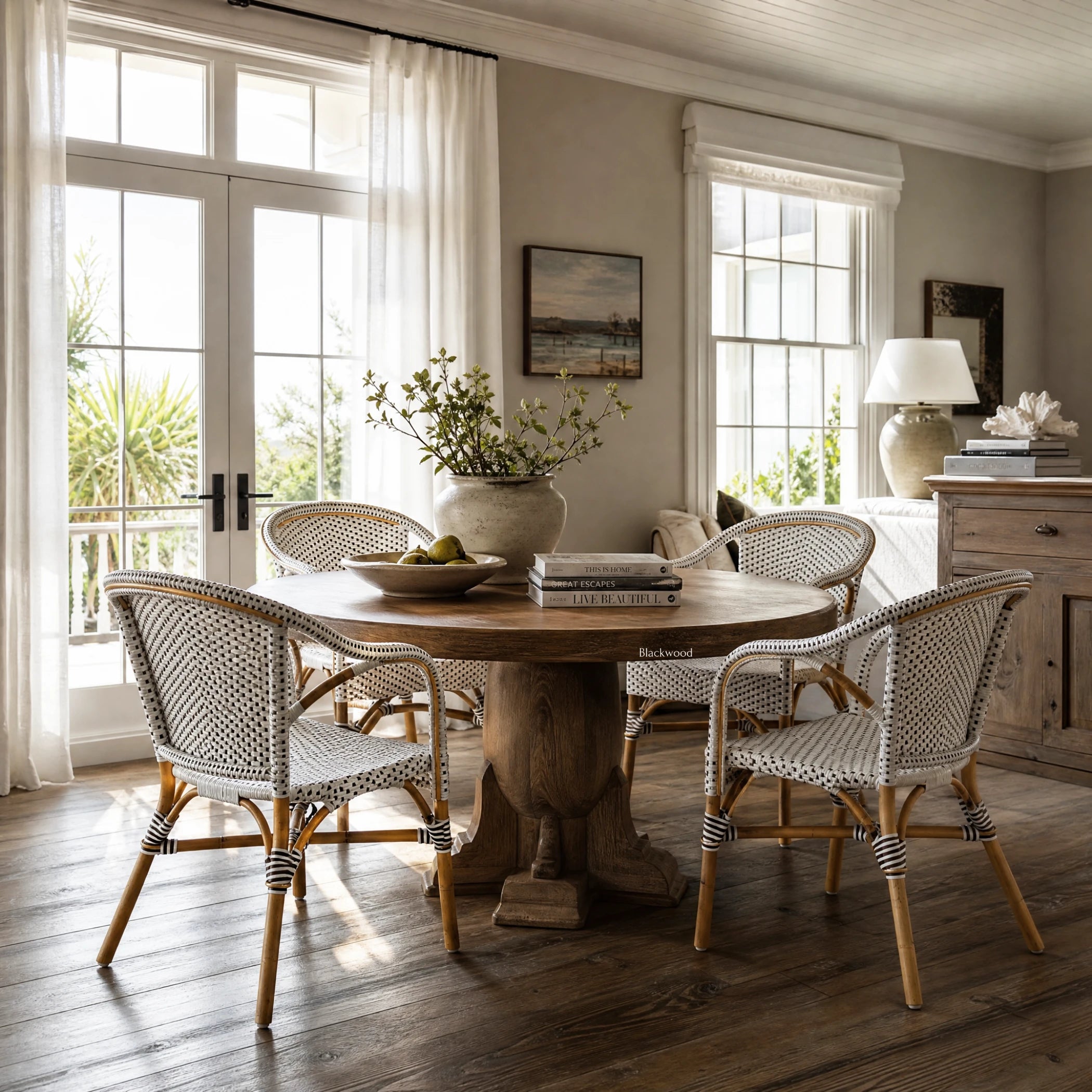 Sika® Affair Madeleine Rattan Armchair in a sunlit coastal dining room with natural woven rattan seating.