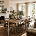 Provence Dining Table in a rustic dining room; 3-metre reclaimed elm with weathered finish and turned legs.