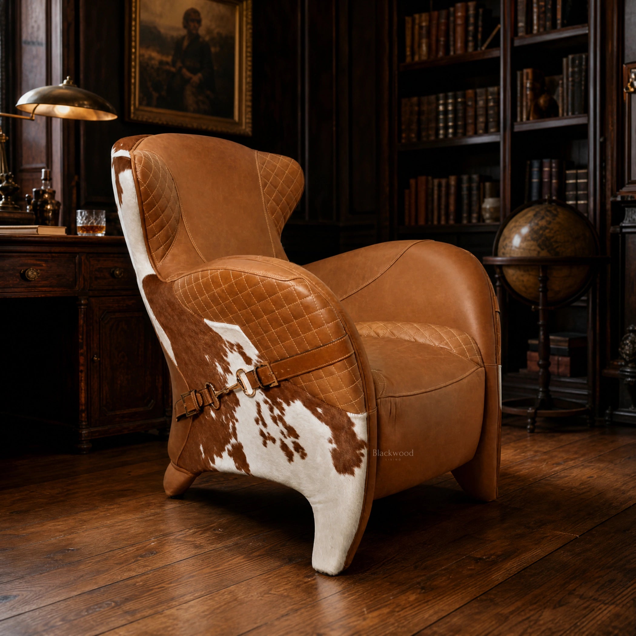 The Huntsman Chair in South American top-grain leather with cowhide detailing and saddle straps in a dark library.