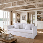 Nantucket Slipcover 3-Seat Sofa in soft linen-cotton with grey pinstripes, coastal living room setting.