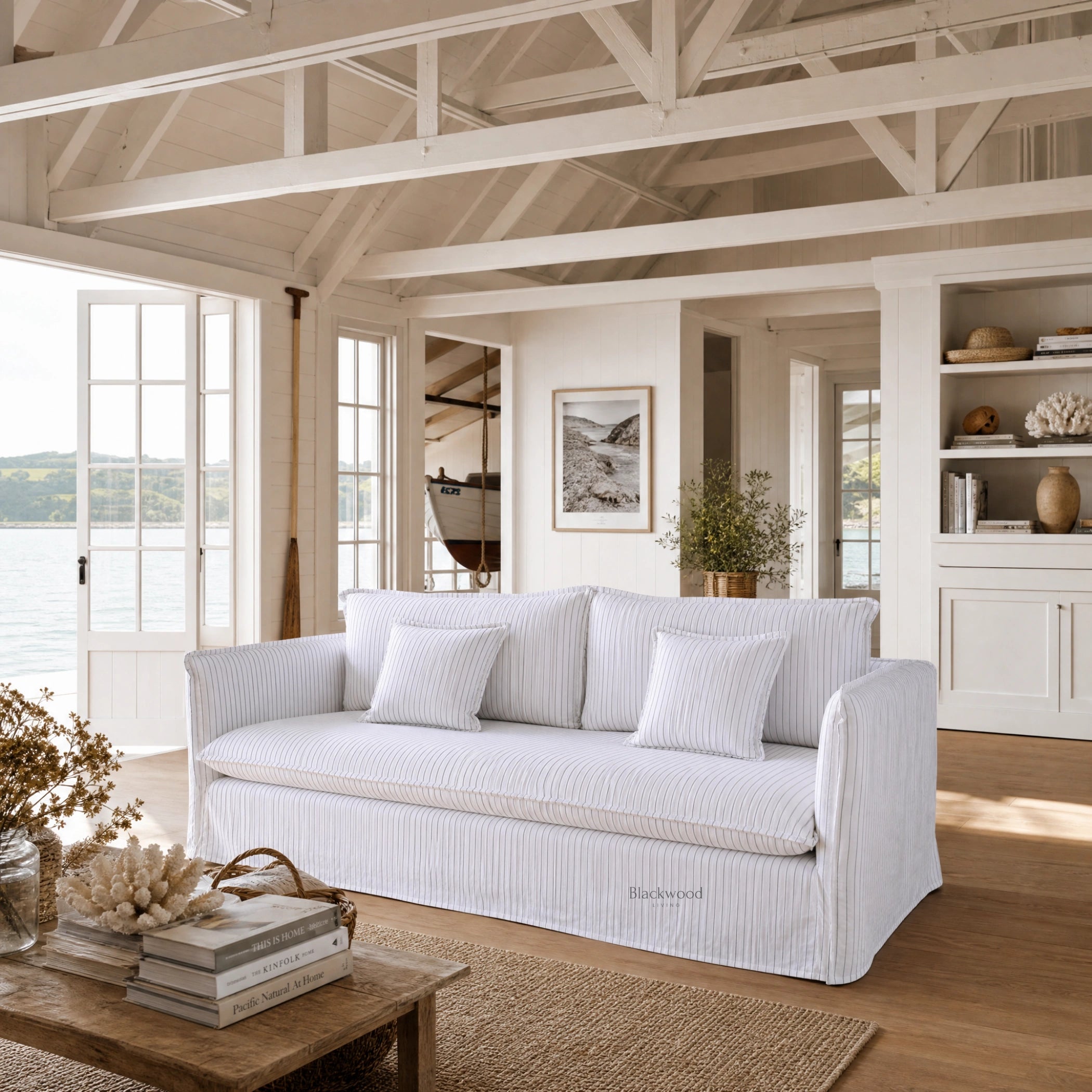 Nantucket Slipcover 3-Seat Sofa in soft linen-cotton with grey pinstripes, coastal living room setting.