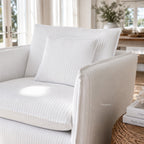 Nantucket Slipcover Armchair in a soft linen-cotton blend with grey pinstripes, Hamptons-inspired cozy seating.