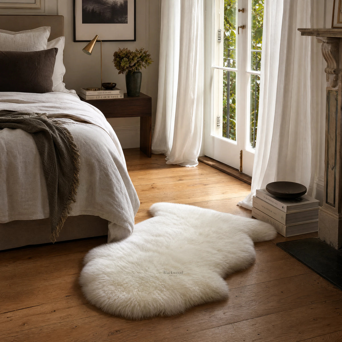 Ivory Single Sheepskin rug on a warm wooden floor in a cozy bedroom with white curtains.