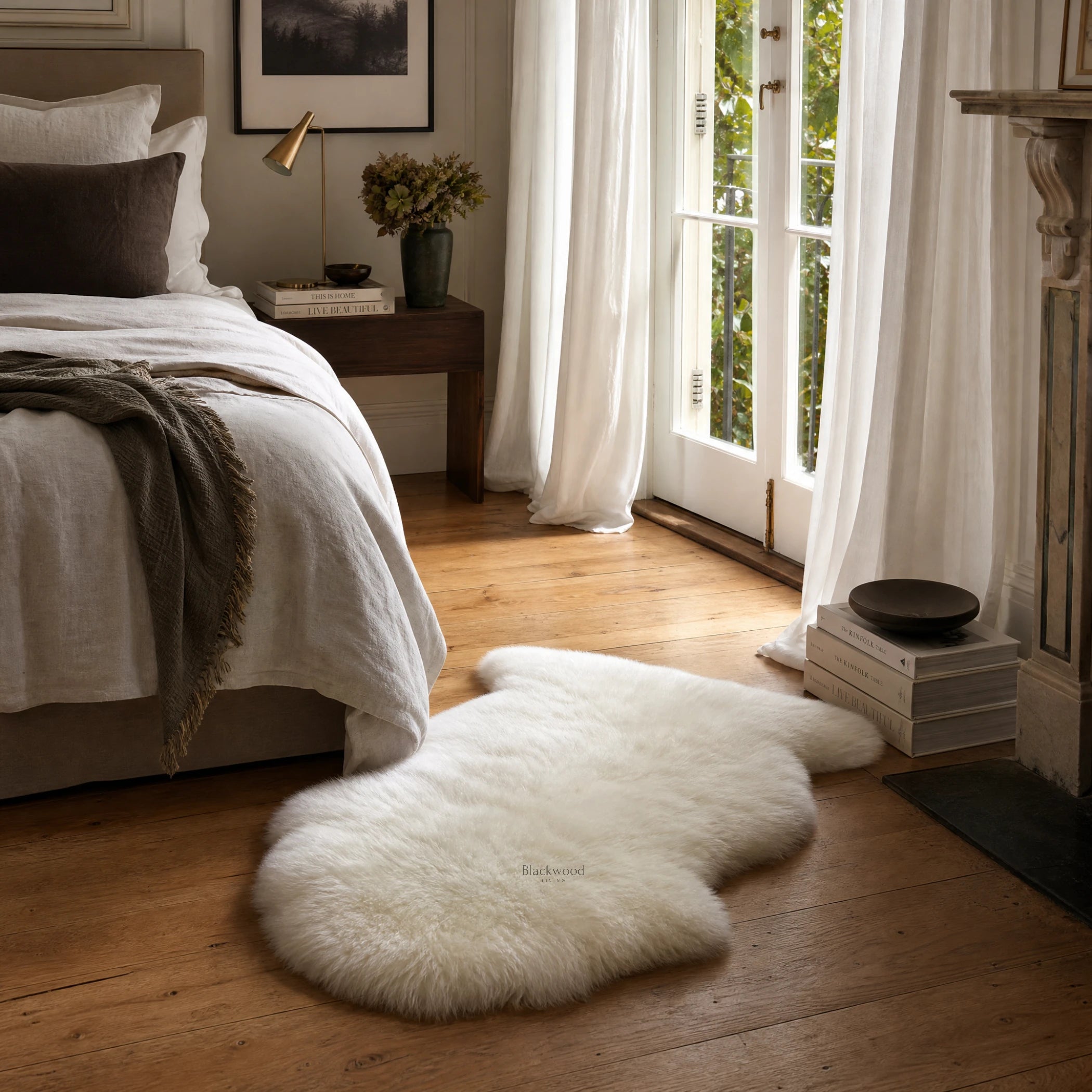 Ivory Single Sheepskin rug on a warm wooden floor in a cozy bedroom with white curtains.