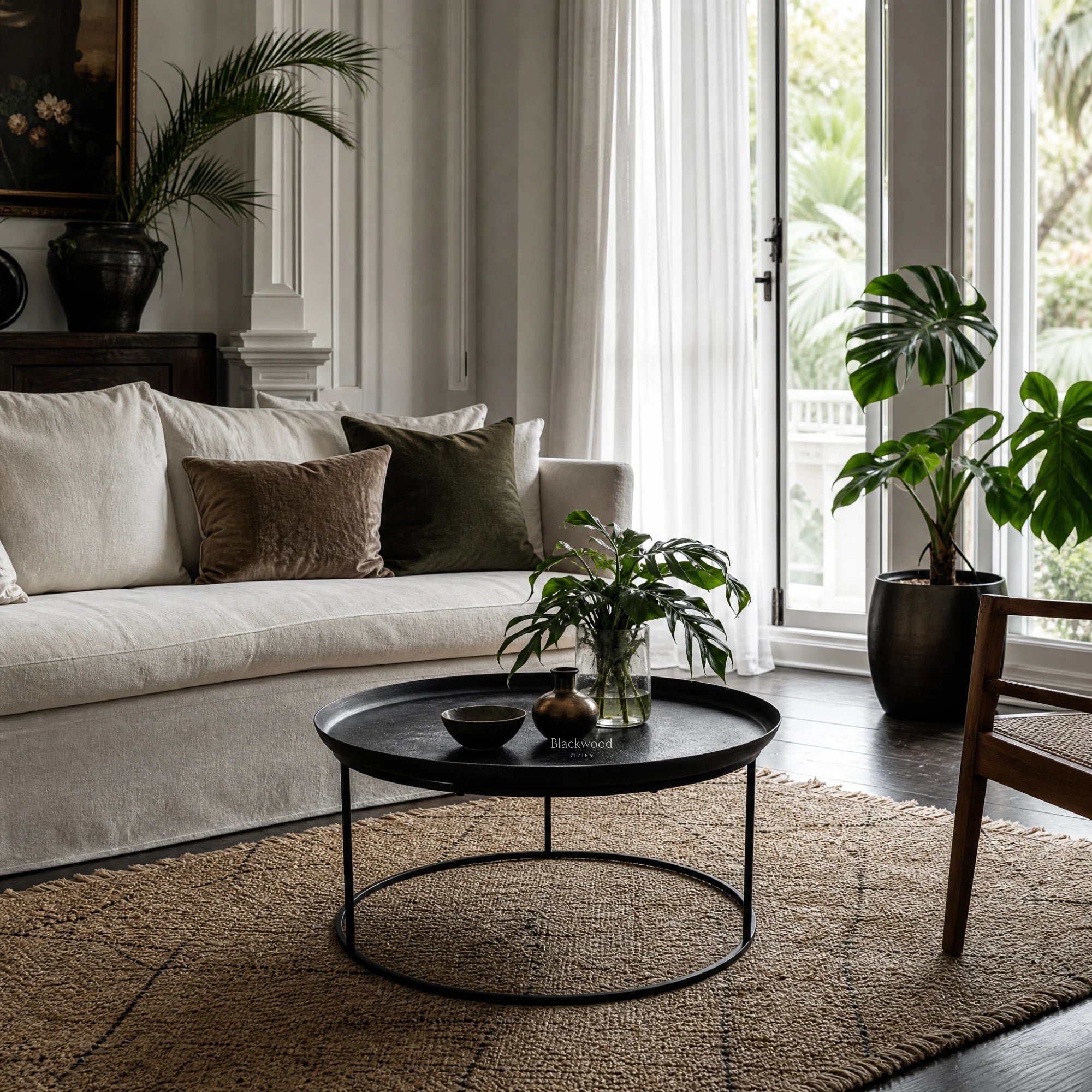 Round antique black coffee table with raised tray edge and slender iron frame in a plantation-style living room.