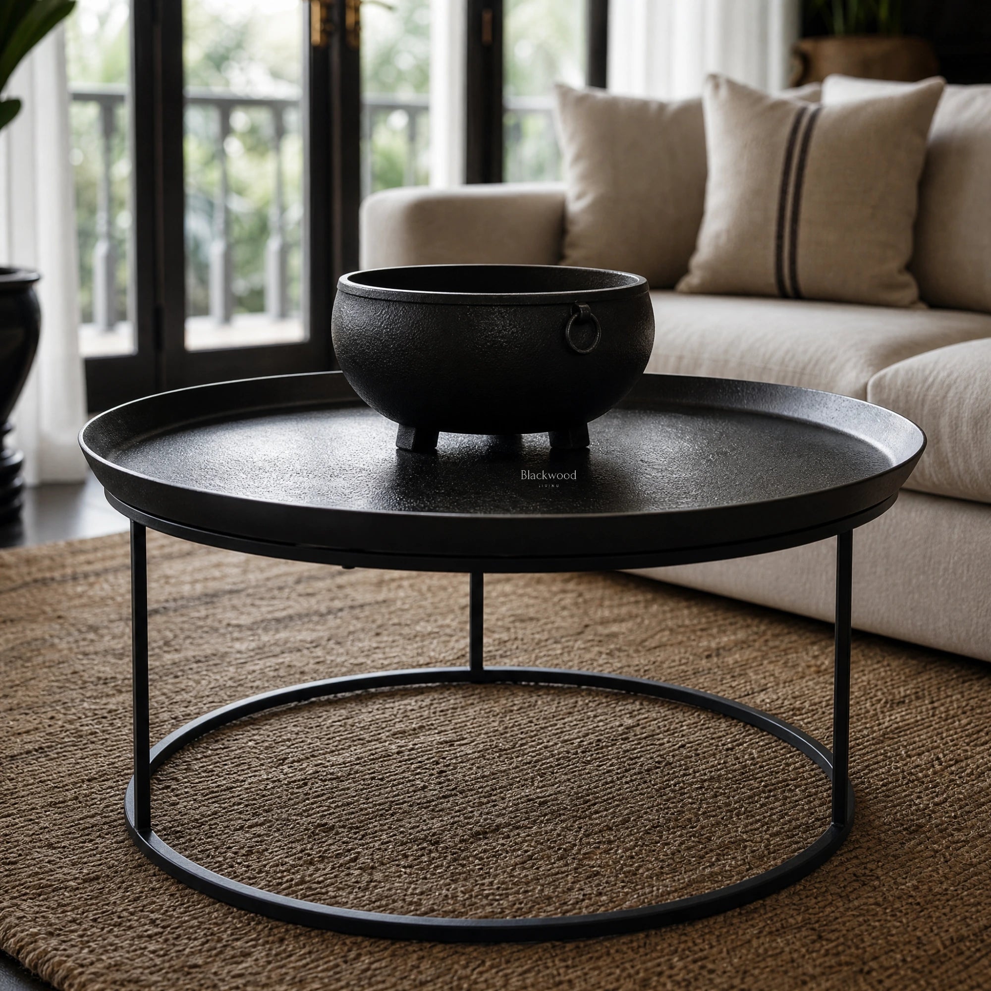 Round black coffee table with raised tray top and slender iron frame, styled with a decorative bowl in a living room.