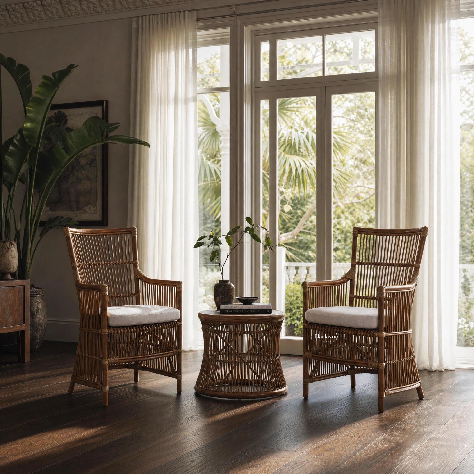 DaVinci rattan armchairs with high backs and white cushions flank a matching side table in a sunlit room with sheer curtains.