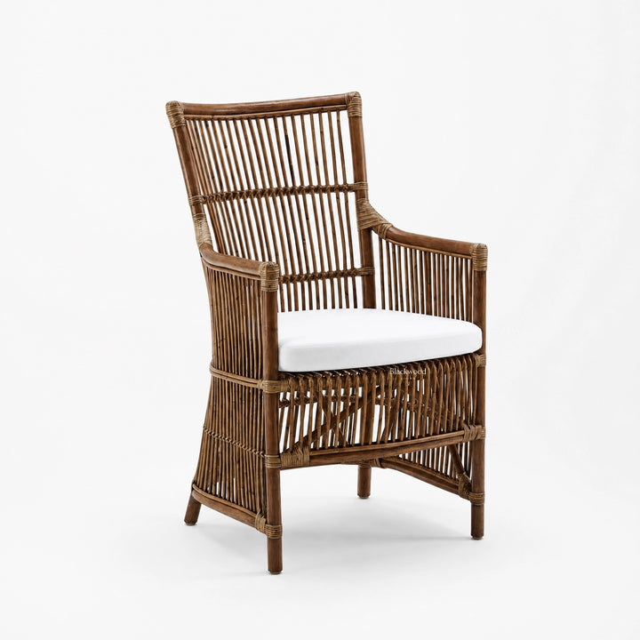 Sika Design DaVinci rattan armchair with sculptural high back, generous arms, and white cushion on white background.