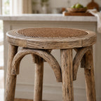 Villard Stool with solid elm wood legs and handwoven rattan seat in farmhouse style